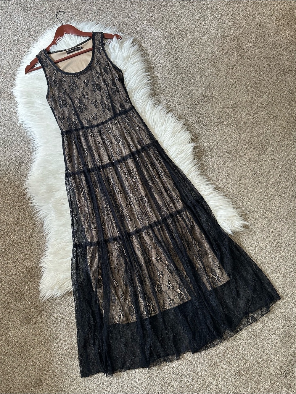 hazel Black Lace Overlay Maxi Dress with Nude Underlayer